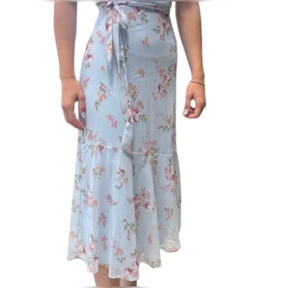 Altar'd State Size XS Blue Floral One Shoulder Puff Sleeve Belted Midi Dress - Picture 6 of 7